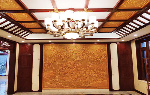 光泽中式别墅客厅中式木作横梁吊顶装饰展示
